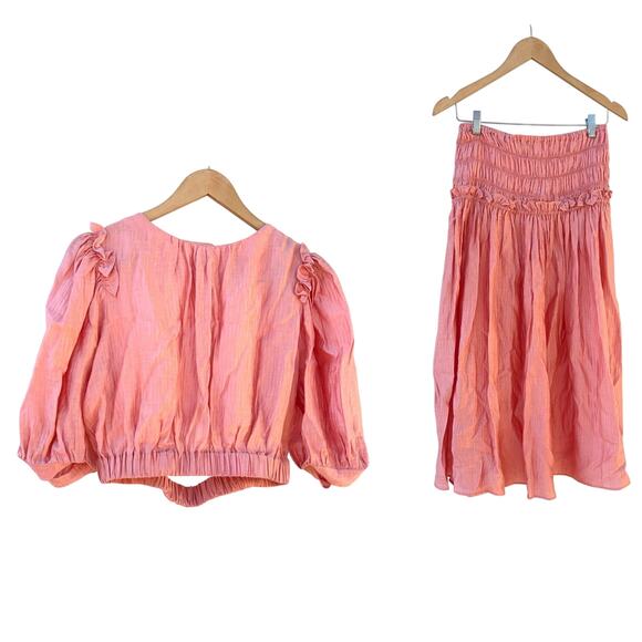 Current Air Crop Top Puff Sleeve Skirt Set Co-Ord Outfit Pink Cottagecore Small - Picture 2 of 11